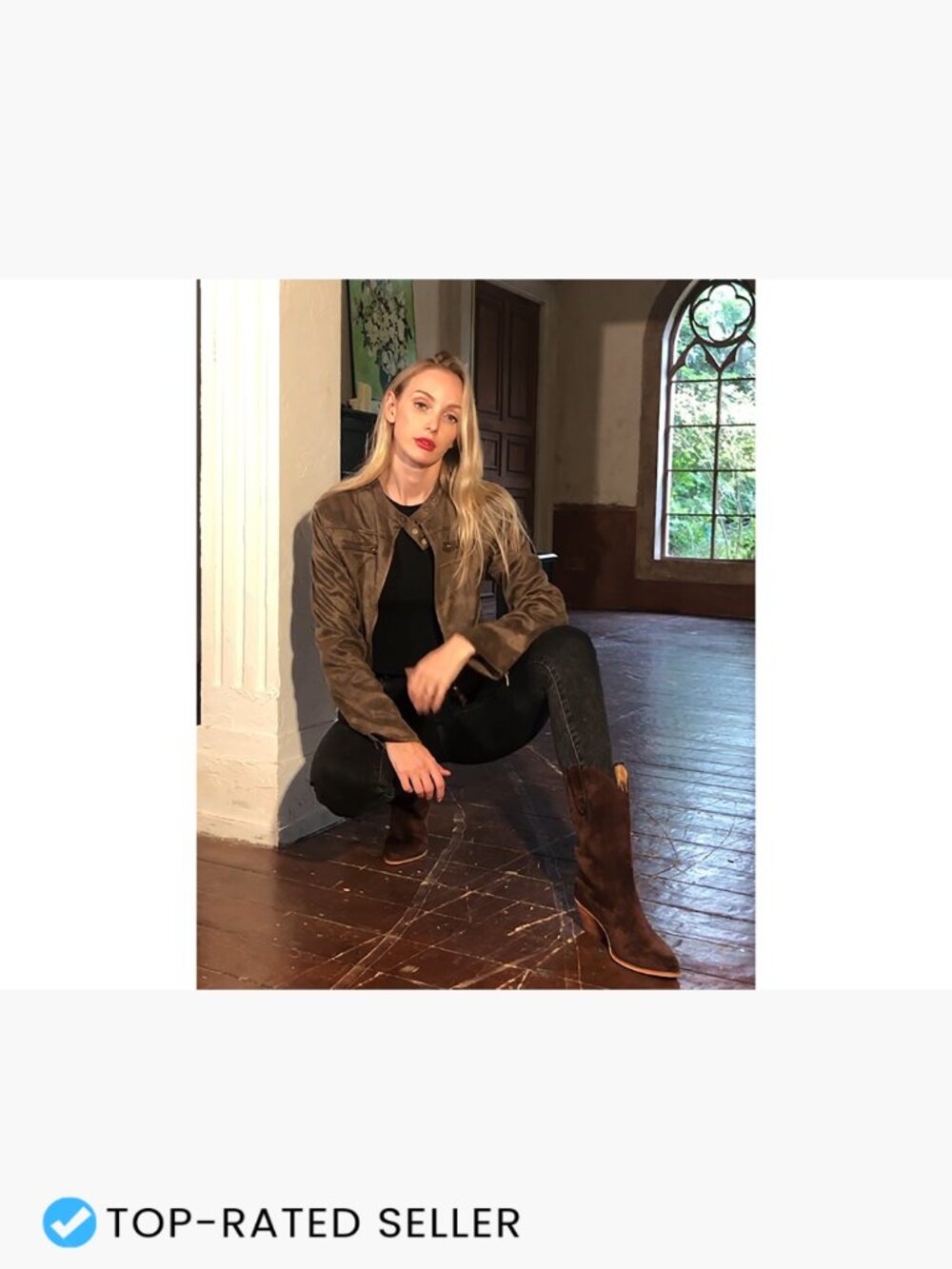 Faux Suede Cowboy Boots Mid Calf Chunky Heel Pointed Toe Dressy Western Booties - Picture 7 of 7